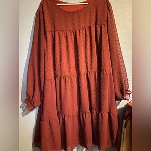 Maroon, babydoll like dress with long sleeves.  Cute, 4X fits more like 3x